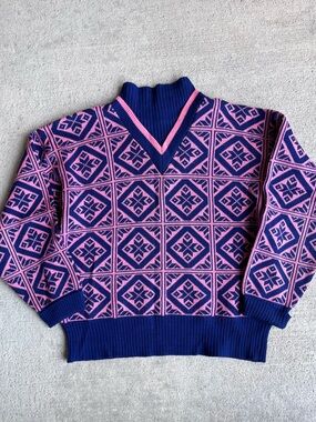 Vintage 80s Obermeyer argyle print arctic Norwegian top knit sweater turtleneck